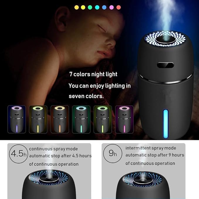 Car Air Mini USB Humidifier 200ml – Ultrasonic Cool Mist Humidifier with 7 Color LED Light