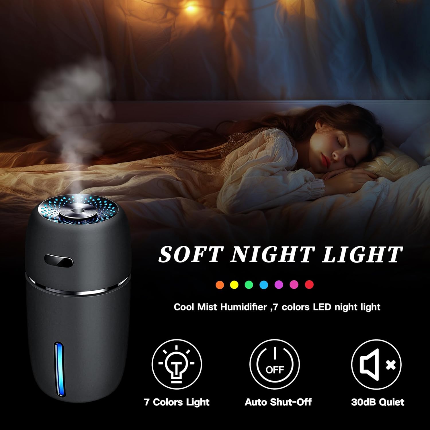 Car Air Mini USB Humidifier 200ml – Ultrasonic Cool Mist Humidifier with 7 Color LED Light