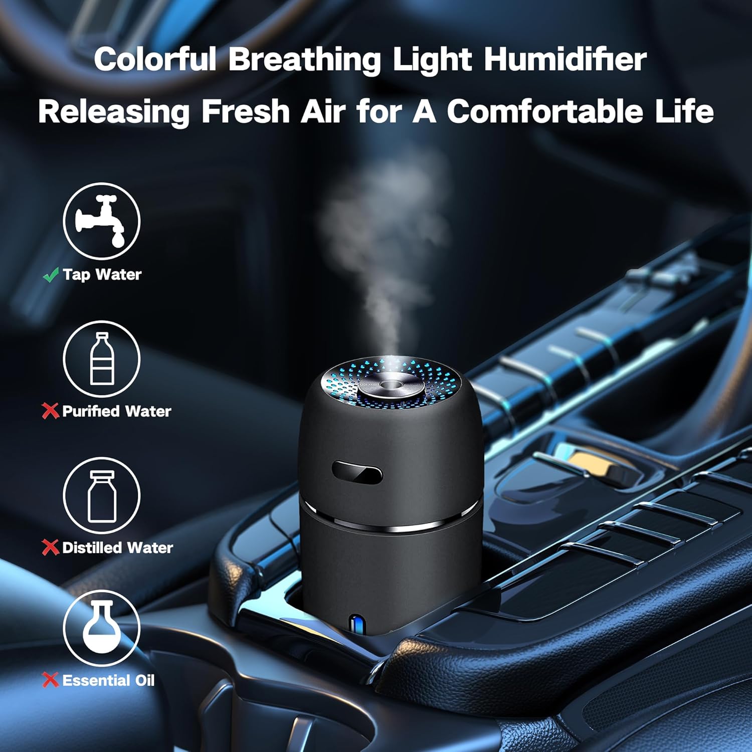 Car Air Mini USB Humidifier 200ml – Ultrasonic Cool Mist Humidifier with 7 Color LED Light