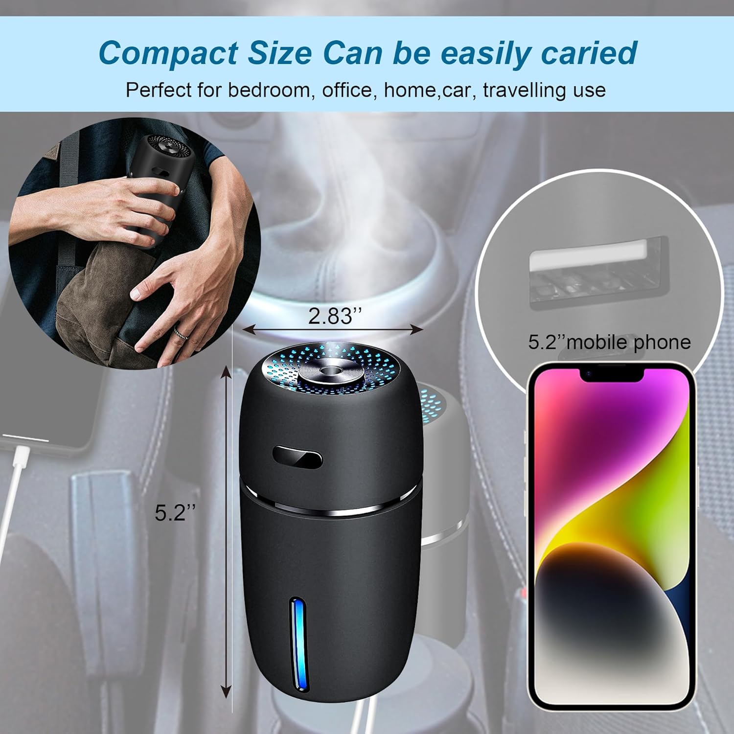 Car Air Mini USB Humidifier 200ml – Ultrasonic Cool Mist Humidifier with 7 Color LED Light